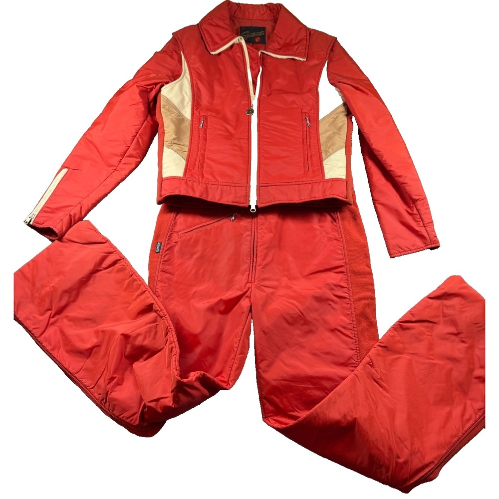 Vtg 80s Sportcaster Red & Tan Ski Suit Jacket Pants Set M USA Made Snow Bibs
